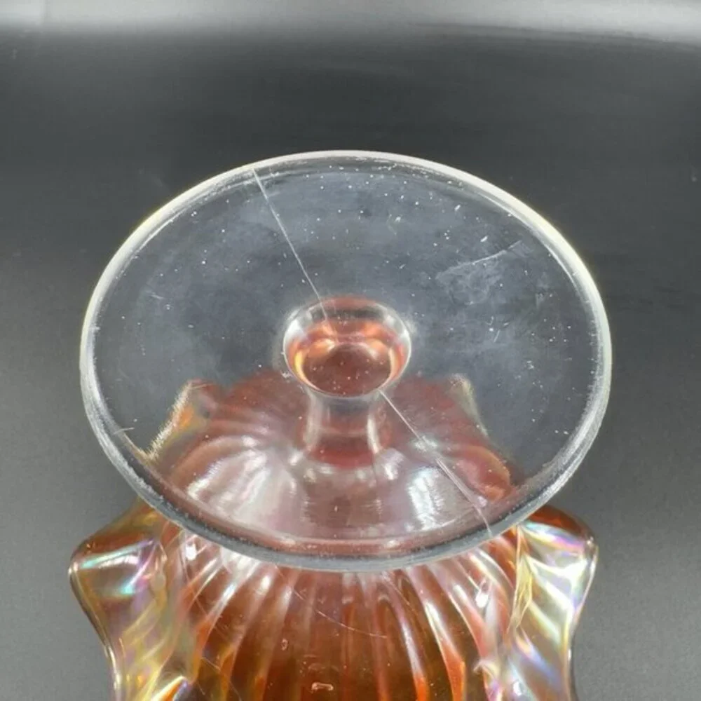 VTG Marigold Carnival Glass Iridescent Ruffled Pedestal Compote Footed Dish Bowl